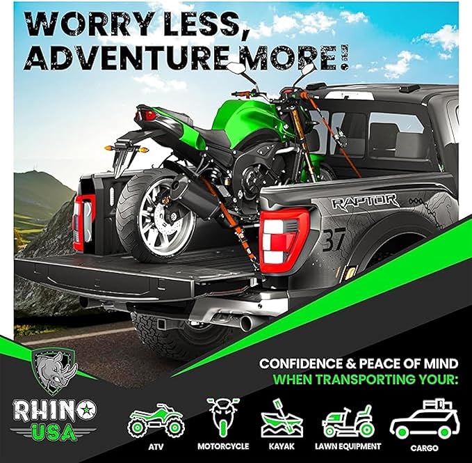 Rhino USA Retractable Ratchet Straps (2-Pack) - 1 Inch x 10 Feet (1,209lb Break Strength) - Auto Self Retracting Tie Down Straps for Truck, Cargo Trailer, Motorcycle, ATV, UTV - Orange