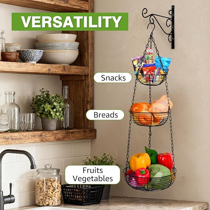 HULISEN 3 Tier Hanging Fruit Basket with Banana Hook, 36-Inch Heavy-Duty Wire Hanging Baskets for Kitchen Storage, Vegetable 