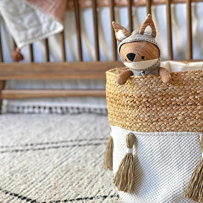 Crane Baby Boho Safari Nursery Decor Baby Storage Bin, Cotton & Jute Collapsible Fabric Basket Organizer, 13X12 Jute 13 X 12 