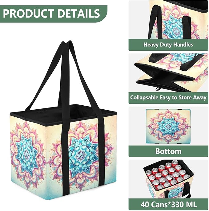 Mandala Reusable Grocery Bags Large Shopping Tote Bag with Reinforced Bottom Board, Water Resistant Foldable Storage Bags for