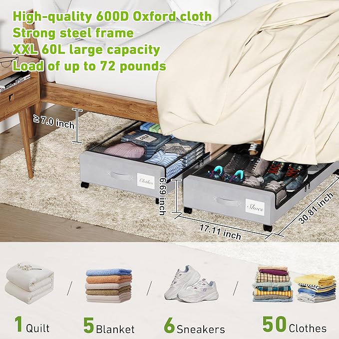 Under Bed Storage with Wheels, XXL 60L Under the Bed Storage Bins, Underbed Storage Containers with Lids & Label, Rolling Met