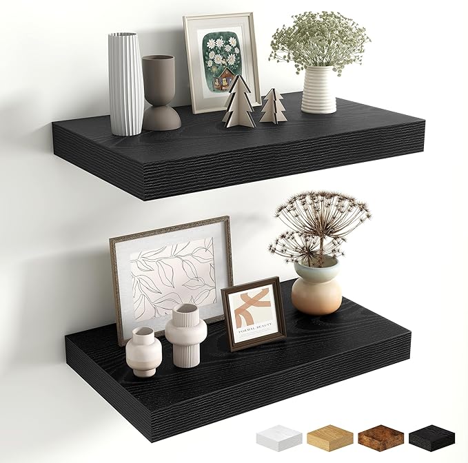 Fun Memories Black Floating Shelves for Wall - 10 x 16 Floating Shelf - Rustic Wood Storage Shelf - Wall Shelves with Invisib