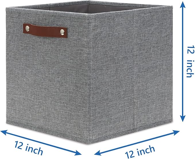 Temary 12x12 Storage Cube Bins 4 Pack Fabric Storage Cubes Storage Bins with Leather Handles, Storage Baskets Foldable Cube O
