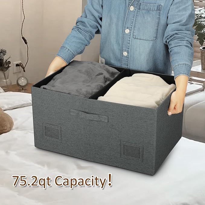 Graciadeco 75 Quarts Extra Large Decorative Storage Bins with Lids, 3 Packs Dark Gray Collapsible Storage Bins with Lids, Sta