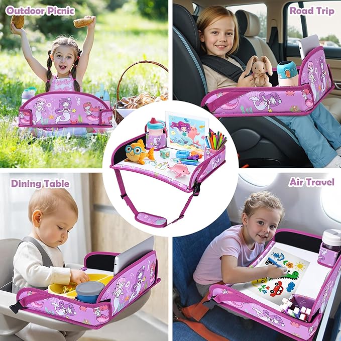Kids Travel Tray for Toddler Carseat, Road Trip Activities Essentials for Toddler, Kids Lap Desk Tray with Tablet Holder Stand ＆ Dry Erase Board (Mermaid)