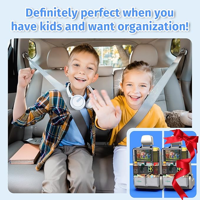 Car Backseat Organizer with Tablet Holder,11 Storage Pockets with Foldable Food Tray, Protector Kick Mats for Kids, Travel Accessories Organizer (Gray, 2-Pack)