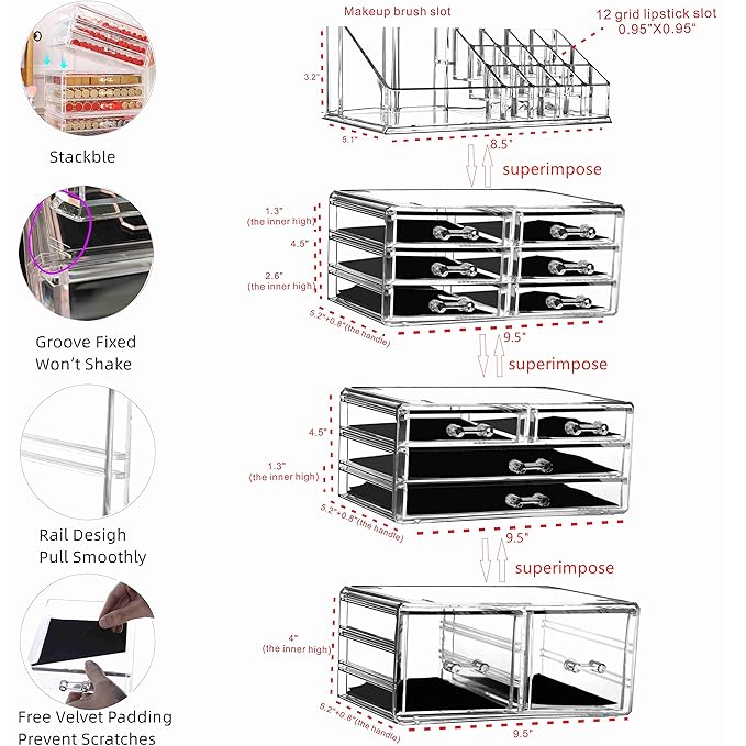 Cq acrylic 4 Pack Clear Makeup Organizer Countertop,Stackable 12 Drawers Skincare Organizer,Cute Skin Care Organizer for Vani