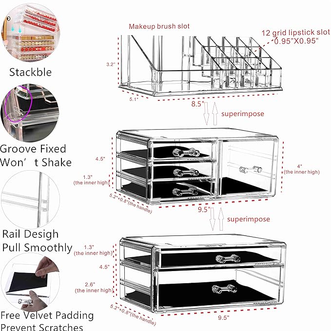 Cq acrylic 3 Pack Clear Makeup Organizer Countertop, Stackable 6 Drawers Skincare Organizer,Cute Skin Care Organizer for Vani