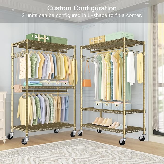 FUTASSI P1 Rolling Clothes Rack, Movable Metal Garment Closet Organizer with Lockable Wheels, Clothing Wardrobe with Double H