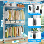 Simple Trending Clothing Garment Rack with 3 Tiers Storage Shelves, Heavy Duty Rolling Clothes Organizer Double Rods with Whe