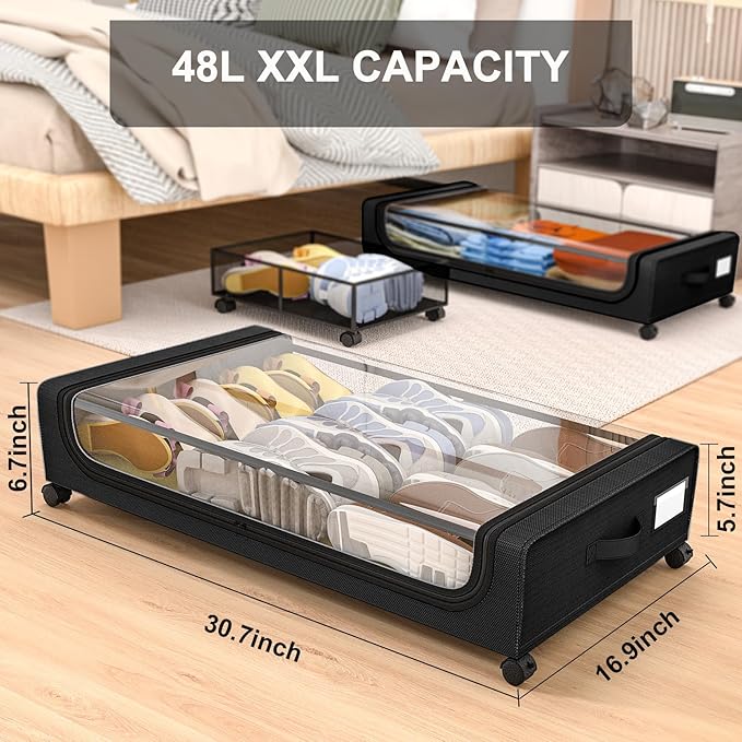 GoMaihe Under Bed Storage with Wheels: 6-Pack XXL 48L Underbed Storage Containers with Lids - Rolling Drawers for Shoes Cloth