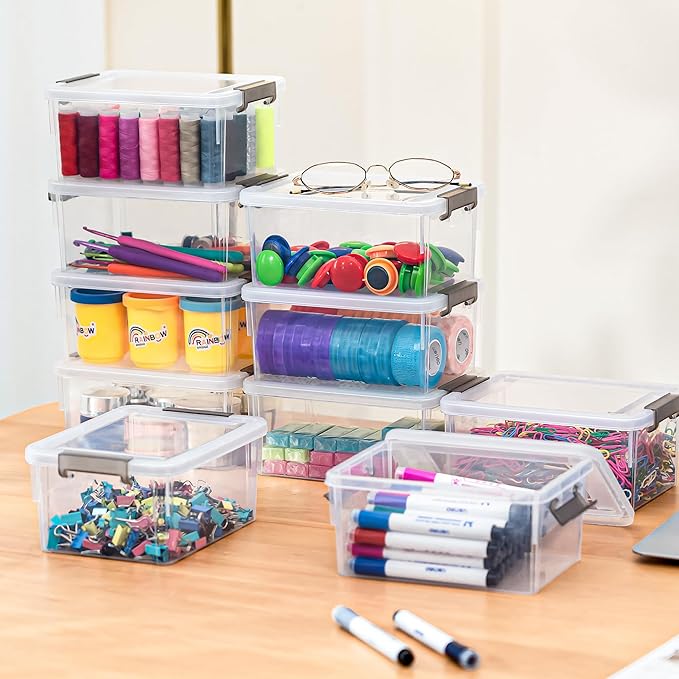 Anywish 8 Packs Small Storage Bins 1.3 QT Plastic Storage Container Stackable Box with Lids for Organizing, Clear White