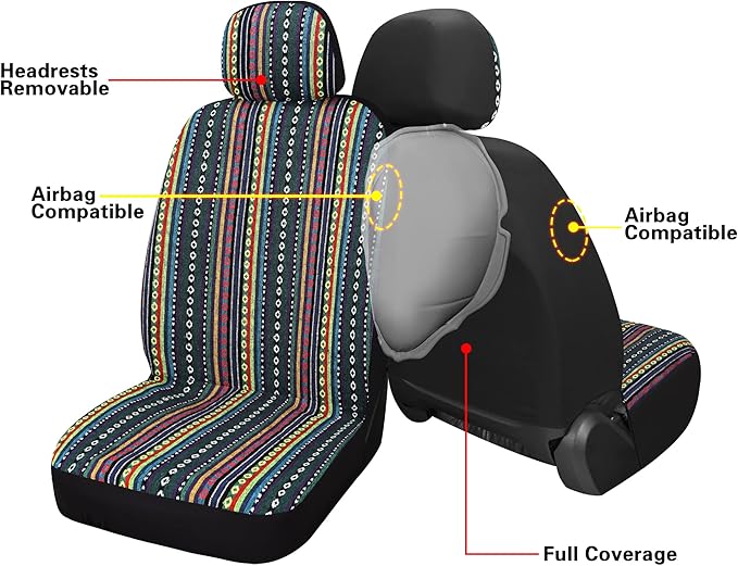 Pariitadin Baja Saddle Blanket Car Seat Covers Front Set with Seat Belt Pads, Washable Breathable Striped Woven Cloth Seat Co