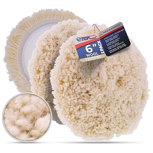 TCP Global 6" 100% Wool Polishing & Buffing Pad (2 Pack) with Hook and Loop Backing - Wool Buffing Pad for Automotive, Marine, Truck, RV & Compound Cutting