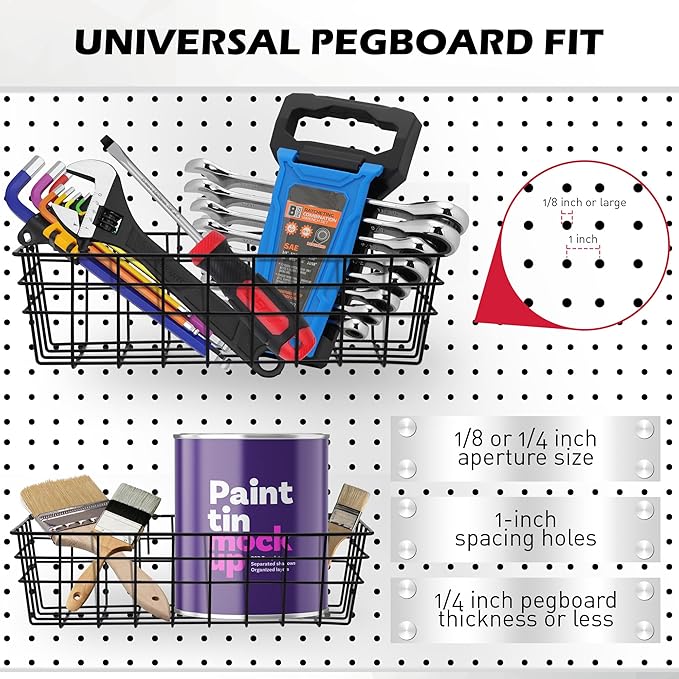 5-Piece Pegboard Baskets Set - Heavy Duty Peg Board Organizer Accessories Bin Set, Premium Black Metal Wire Baskets Tool Shel