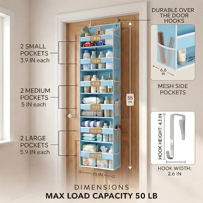 HOMELUX THEORY UPGRADED 6 Tiers Over The Door Organizer Hanging - 100D EXTRA THICK & 50lbs HUGE CAPACITY, 12 Side Mesh Pocket