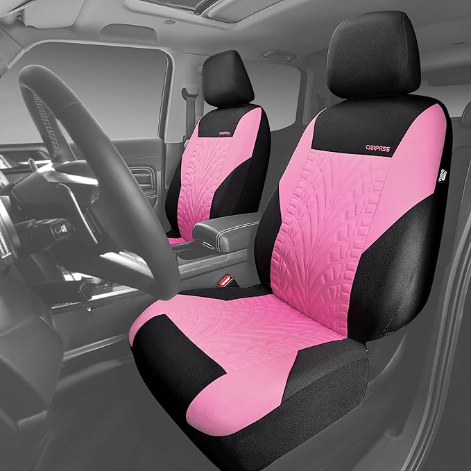 CAR PASS Car Seat Covers Two Front Only for Car, 3D Tyre Print Automotive Interior Covers, Airbag Compatible, Quick Setup Uni