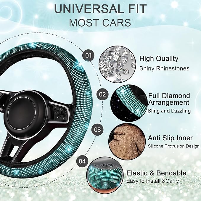 NBTEPEM Bling Car Floor Mats Full Set and Steering Wheel Cover, Universal Fit Most Cars, 4 pcs Sparkle Glitter Diamond Carpet, 5 pcs Bling Car Accessories Set for Women (Aquamarine Diamond)