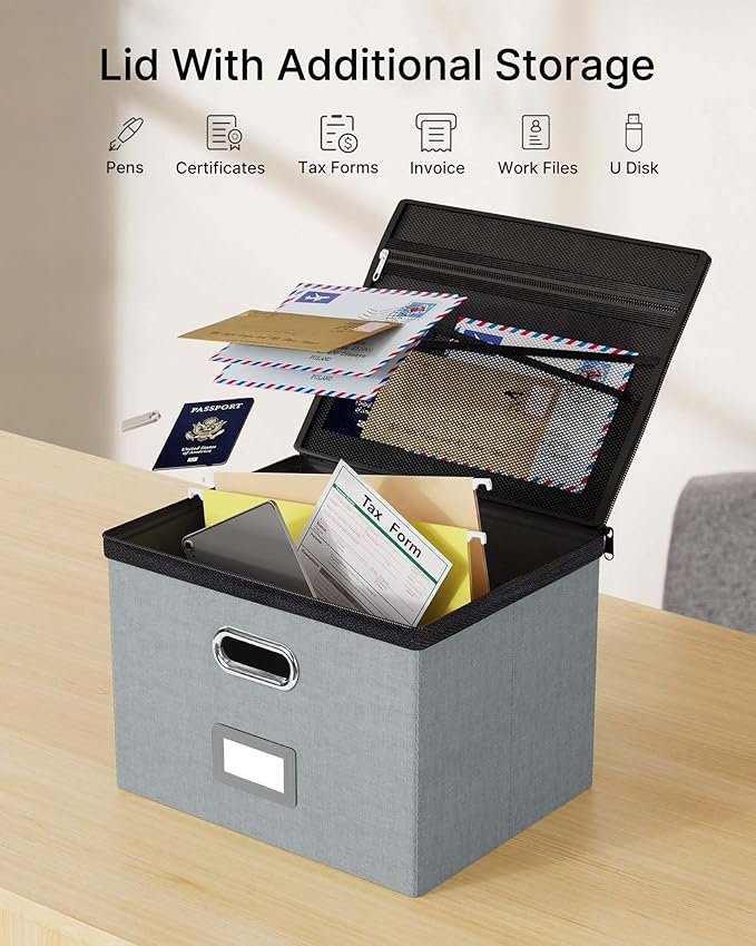 Oterri 2 Pack Large File Organizer Boxes with Lids, File Box with Mesh Pockets, Document Organizer Box for Letter/Legal Size 
