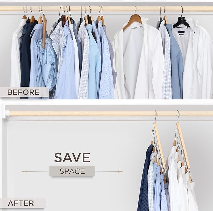 MORALVE Space Saving Hangers for Closet – 4 Pack European Beechwood 6-Tier Shirt Organizer with 360° Swivel Hook – Collapsibl