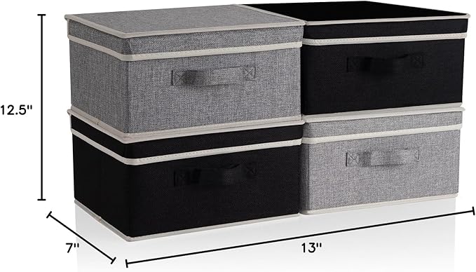 Storage Bins with Lid, Foldable Clothing Storage Box case with Handle for Closet, Bedroom, Home, Gray+Black, 13L x 12.5W x 7H