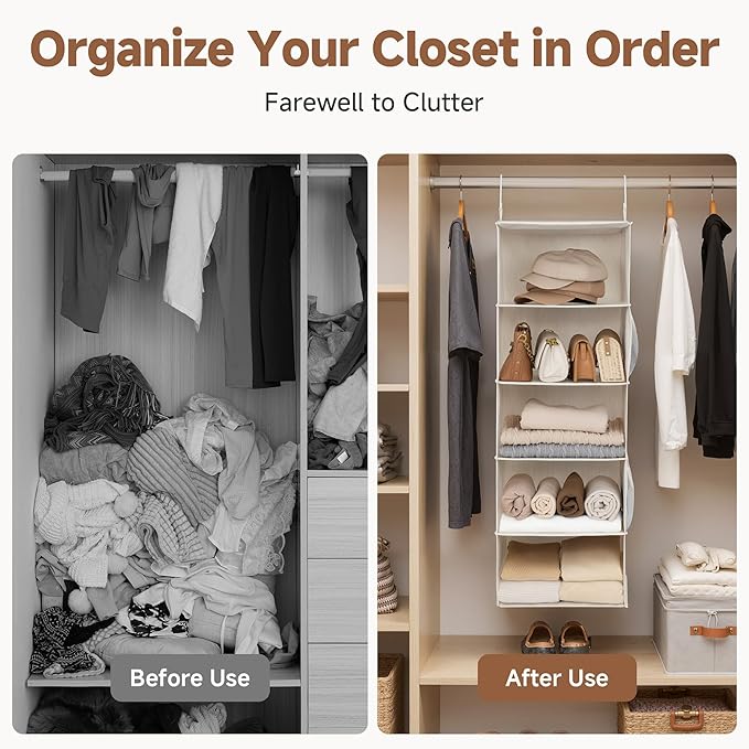StorageWorks 5-Shelf Hanging Closet Organizers, Foldable Closet Storage Organizer with 2 Side Pockets, Portable Hanging Shelv