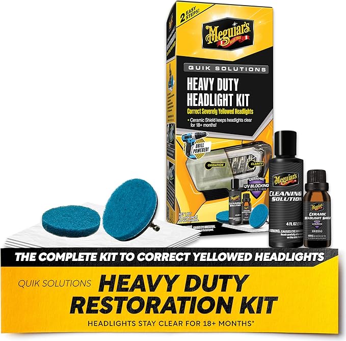 Meguiar's Heavy Duty Headlight Kit,This Headlight Restoration Kit Includes Headlight Cleaner, Ceramic Protection, Drill Backi