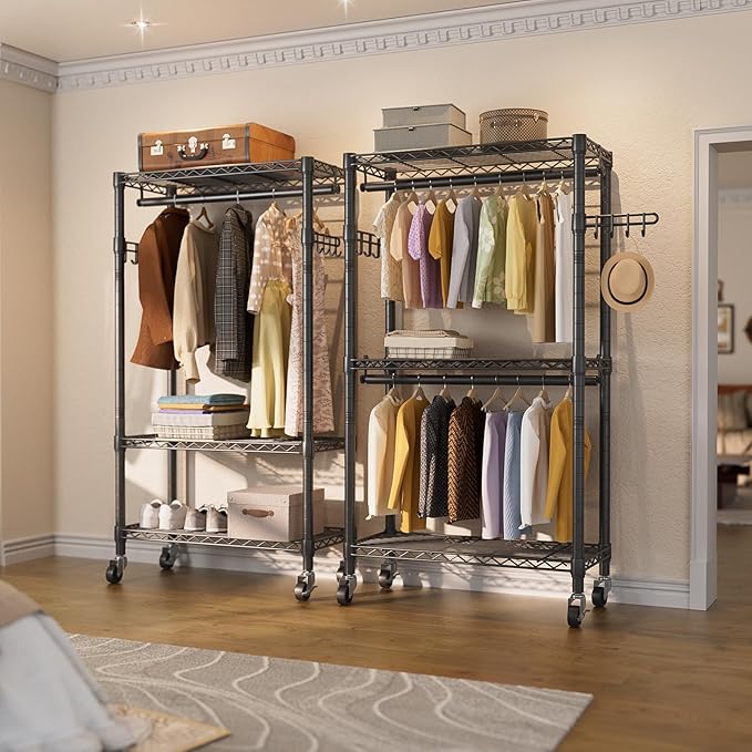 Heavy Duty Clothes Rack Rolling Garment Rack,3 Tier Adjustable Wire Shelving Clothing Racks for Hanging Clothes with Double R