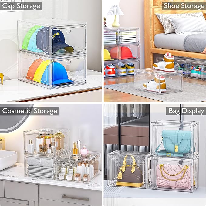7 code Large Clear Shoe Boxes Organizer【Thicker Material】 Stronger Shoe Box with Magnetic Door, Stackable Shoe Storage Box fo