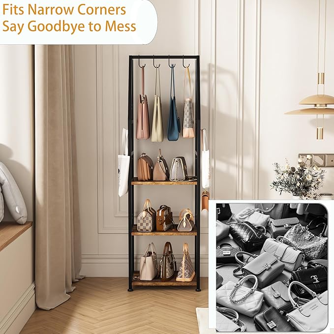 3-Tier Purse Stand Handbag Organizer, Tall Narrow Entryway Closet Bag Organizer, Wood Iron Storage Shelf, 4-in-1, with 8 Remo