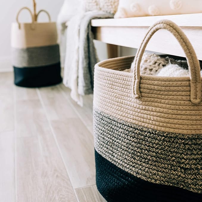 OrganiHaus Large Woven Storage Basket for Blankets and Toys 20" x 13" Inch, Rope Laundry Basket with Handles, Cushions & Pill