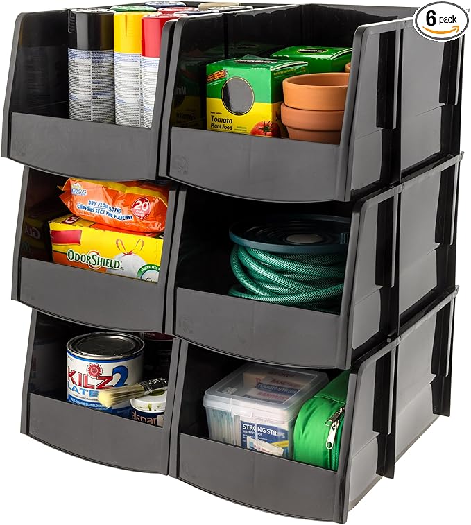 IRIS USA Stackable Storage Bins Open Front, 6 Pack, Plastic Hanging Organizer Caddy Basket for Hardware Crafts, Small Parts, 
