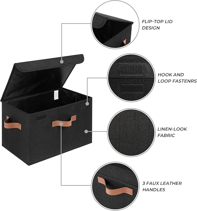 GRANNY SAYS Storage Bins with Lids, Decorative Storage Boxes with PU Handles, Black Storage Bin, Linen Closet Organizer, Shel