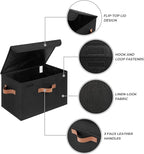 GRANNY SAYS Storage Bins with Lids, Decorative Storage Boxes with PU Handles, Black Storage Bin, Linen Closet Organizer, Shel