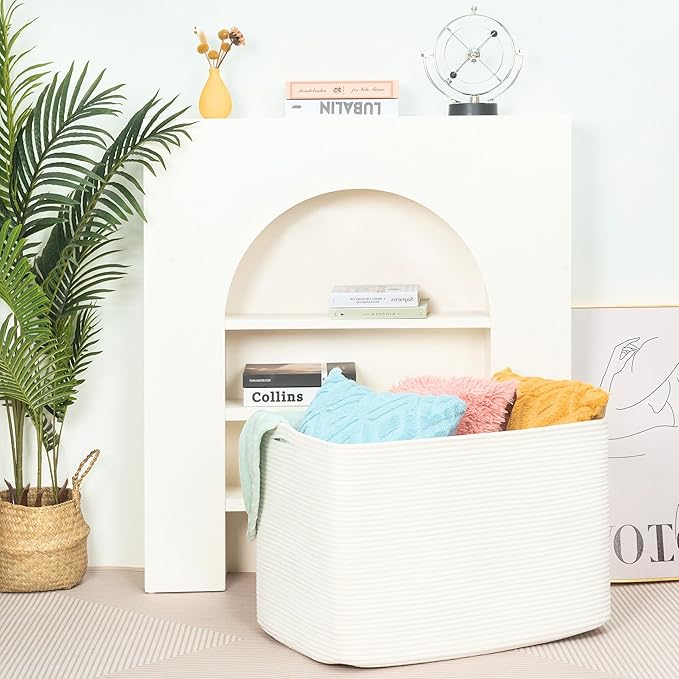 MINTWOOD Design 112L Extra Large Blanket Basket Holder Living Room, 25"x17"x16" Rectangle Rope Woven Storage Basket with Hand