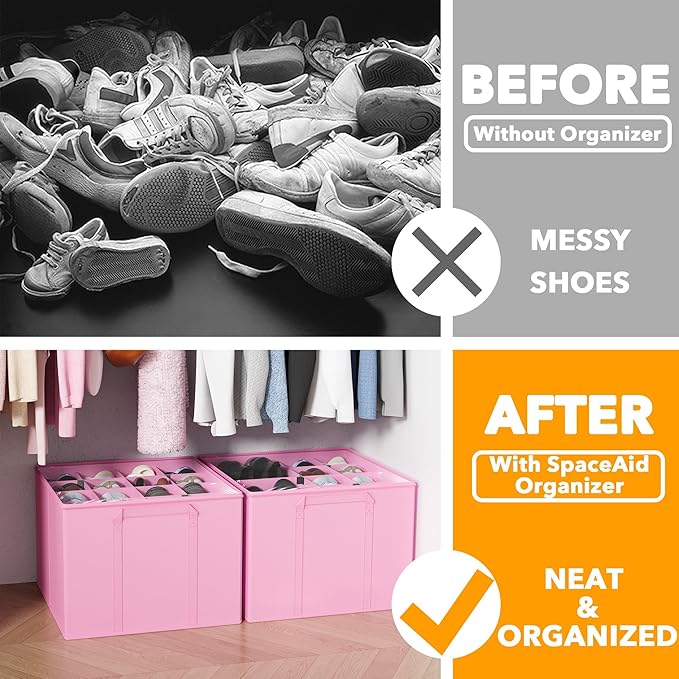 SpaceAid Shoe Organizer for Closet, 2 Pack Foldable Shoe Storage Containers Baskets Boxes Bins w/Adjustable Dividers, Fits 16