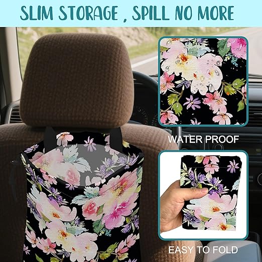 Car Trash Bag Watercolor Pink Flowers Leak-Proof Waterproof Car Garbage Bag with Drawstring Foldable Canvas Trash Bin with Adjustable Buckle for Car Accessories, Travelling, Camping