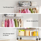 M MZG Heavy Duty Rolling Garment Rack 3 Tiers Adjustable Wire Shelving Clothes Rack with 1 Rods and Side Hooks,Storage Closet