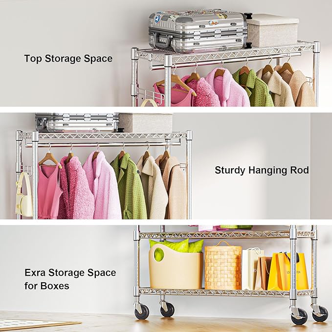 M MZG Heavy Duty Rolling Garment Rack 3 Tiers Adjustable Wire Shelving Clothes Rack with 1 Rods and Side Hooks,Storage Closet
