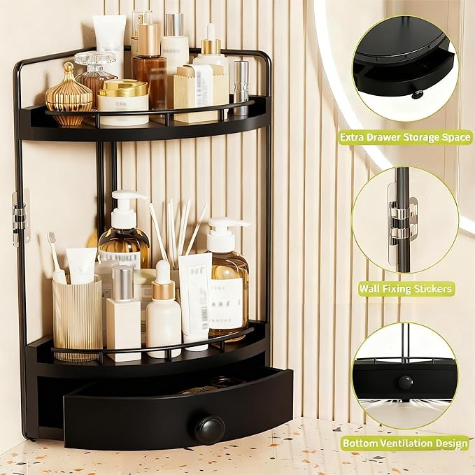 2-Tier Corner Bathroom Counter Organizer with Drawer & Embedded Screw Holes - Wooden Countertop Organizers for Skincare, Make