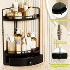 2-Tier Corner Bathroom Counter Organizer with Drawer & Embedded Screw Holes - Wooden Countertop Organizers for Skincare, Make