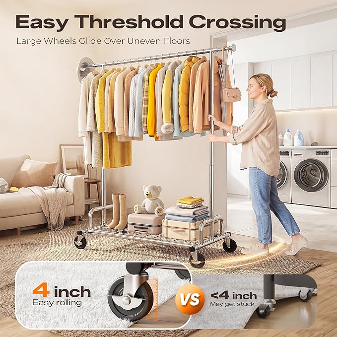 HOKEEPER Heavy Duty Clothes Rack Load 525 LBS, 75''W Adjustable Garment Rack, Rolling Clothing Rack for Hanging Clothes with 
