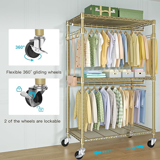 FUTASSI P1 Rolling Clothes Rack, Movable Metal Garment Closet Organizer with Lockable Wheels, Clothing Wardrobe with Double H