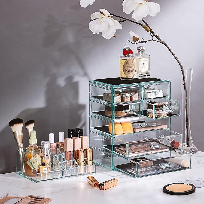 Sorbus Acrylic Makeup Organizer Set, 7-Drawer Vanity & Countertop Cosmetic Storage with Small & Wide Compartments, Teal Thril
