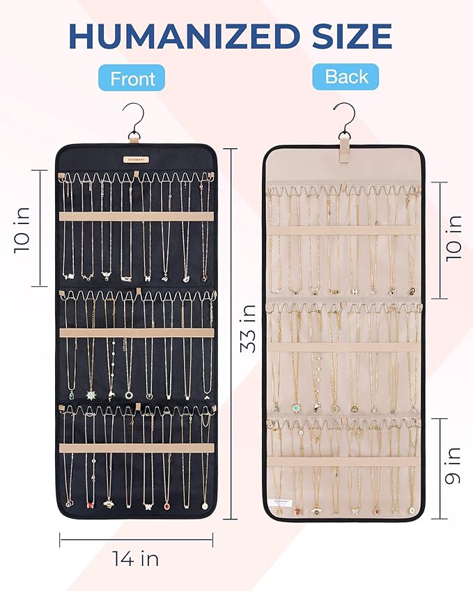 BAGSMART Hanging Necklaces Organizer Jewelry Holder Storage Roll with Hanger Metal Hooks Double-Sided Jewelry Organizer for N
