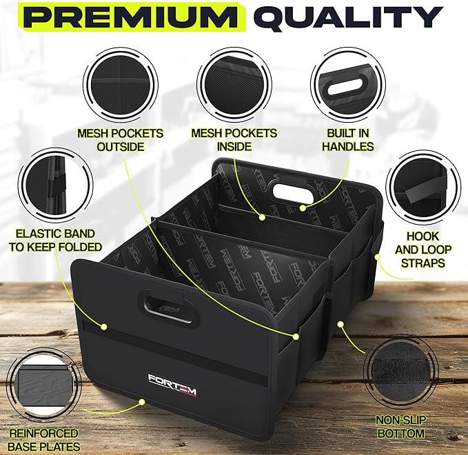 FORTEM Car Trunk Organizer, Collapsible Two Compartment Organizer, Foldable SUV & Truck Storage for Car Accessories for