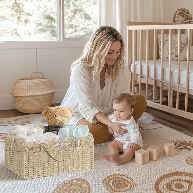 HBlife Large Baby Diaper Caddy, Paper Rope Storage Baskets Nursery Bin with Removable Divider, Portable Car Organizer for Dia