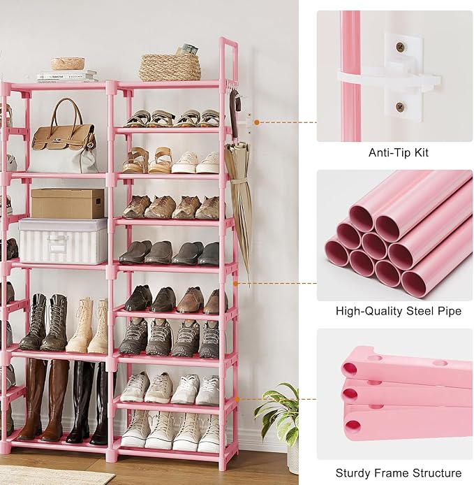 WOWLIVE 9 Tiers Shoe Rack Shoe Storage Shoe Organizer 50-55 Pairs Shoe Tower Unit Shelf Durable Metal Pipes with Plastic Conn