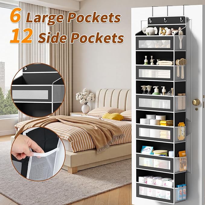 Over The Door Organizer with 6 Large Pockets, Over the Door Storage 12 Side Pockets, Hanging Door Organzier 44 lb Load Behind