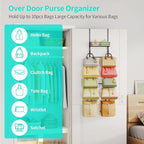 HapiRm Over The Door Purse Organizer - Wall Mounted Purse Rack with 10 Hooks and Metal Basket, Hanging Handbag Organizer Hold